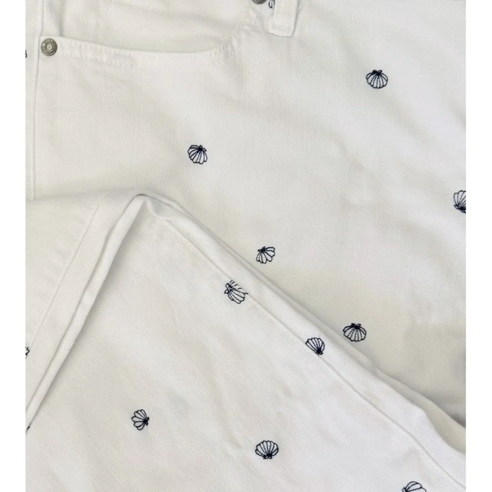 Talbots Crop Straight Leg Jeans White Sz 16 Embroidered Seashells Coastal Beachy